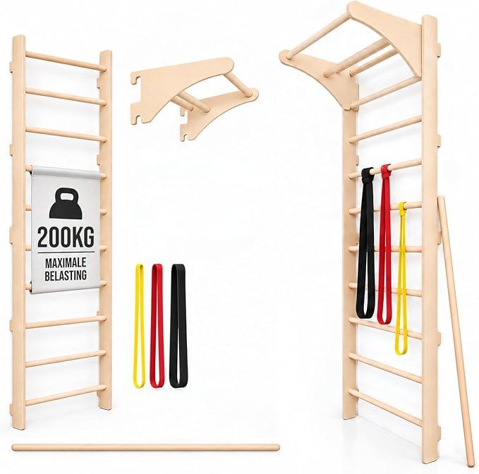 Sprossenwand mit Klimmzugstange für Erwachsene (230 cm), Holz-Kletterwand, Multifunktionales Fitnessgerät, Kletterleiter für Erwachsene & Kinder, 100% ECO, EU