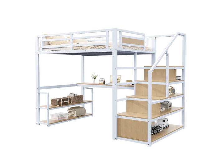 Redom Hochbett 140/200 cm mit Stauraumtreppe, Regalen und Schreibtisch, Sicherheitszaun, Metall, Weiß, Freiform, 140x200 cm, Babymöbel & Kindermöbel, Kinderzimmer & Jugendzimmer, Kinderbetten, Hochbetten