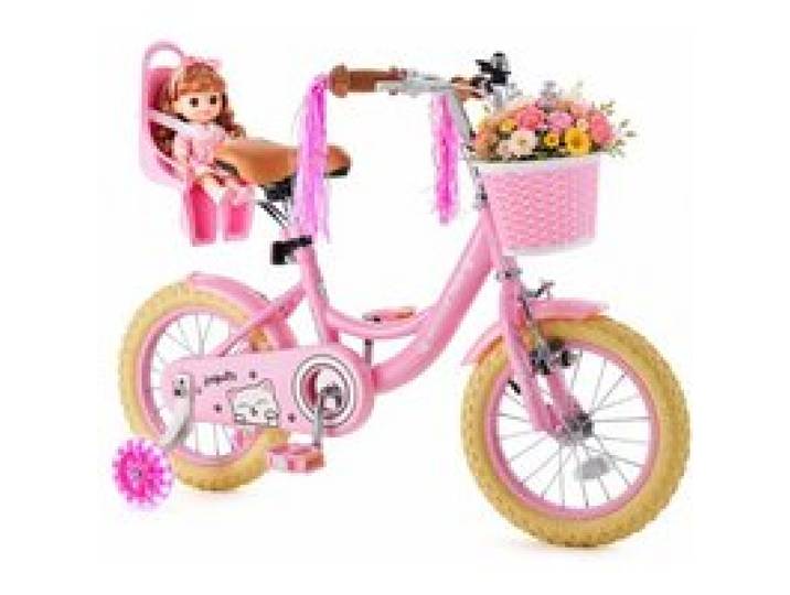 VEVOR Vélo Enfant 14 pouces, Bicyclette avec Roues Stabilisatrices, Style Princesse Rose, pour Filles 3-5 Ans, Selle Réglable, Freins Avant et Arrière, Panier Avant, Siège Poupée, Cadre Acier Carbone
