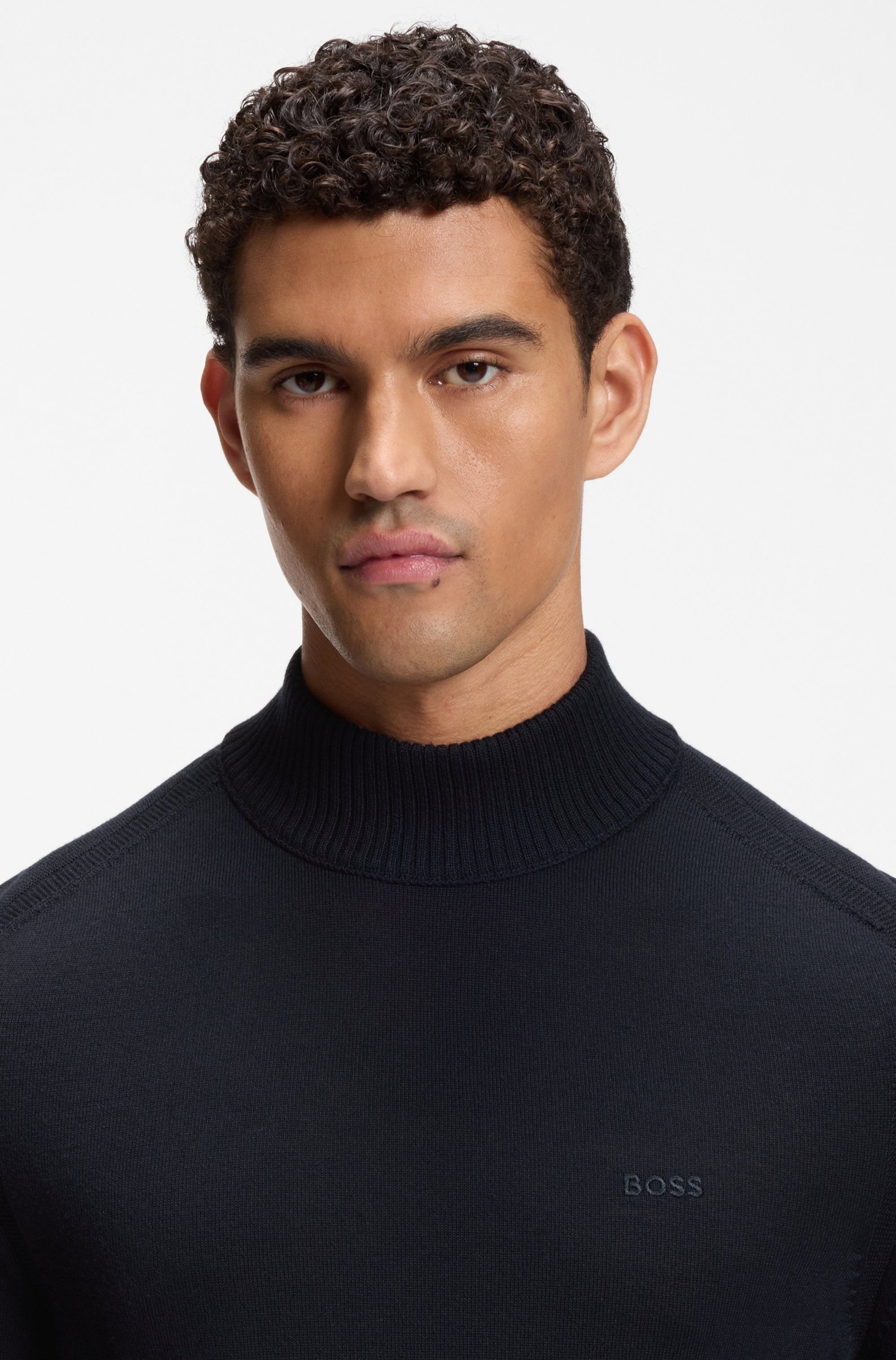 Strickpullover BOSS ORANGE "Avac M1", Herren, Gr. M, schwarz (dunkelblau404), Strick, Obermaterial: 50% Schurwolle, 50% Polyacryl, unifarben, regular fit normal, hoch geschlossener Ausschnitt, Bündchen, Pullover Strickpullover, Regular Fit, Schurwollmisch