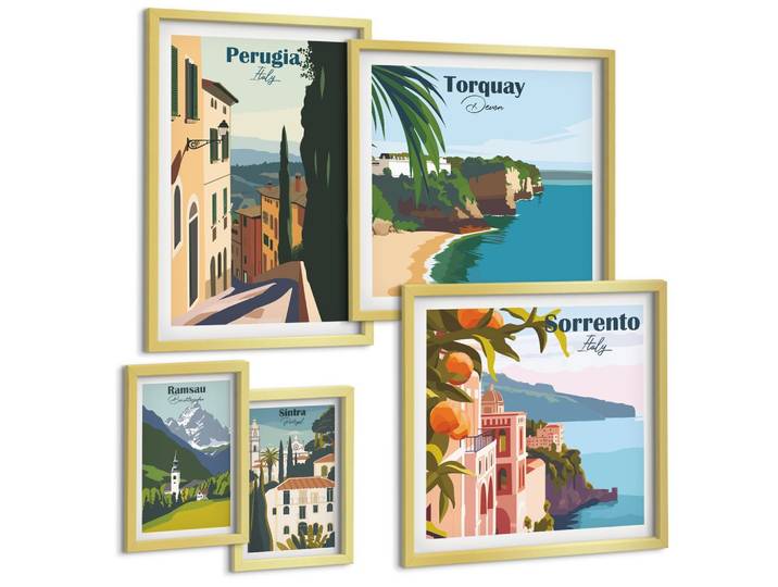 BILDER SET 5er Set - 50x50 cm & 20x30 cm & 40x60 cm Goldrahmen - Ansichten europäischer Häfen