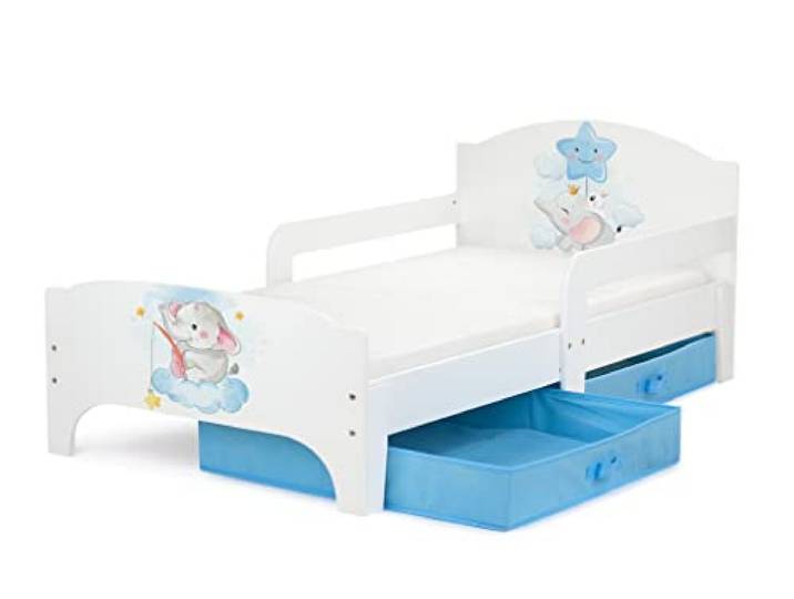 Leomark SMART Kinderbett 140x70 Elephant aus Holz mit Schubladen, Matratze Außenmaß 143x77,5x58 cm, 10 cm Schaummatratze, Schutzleisten, Metalllattenrost, 12 mm Möbelplatte, 2 Textilboxen, UV-Druck