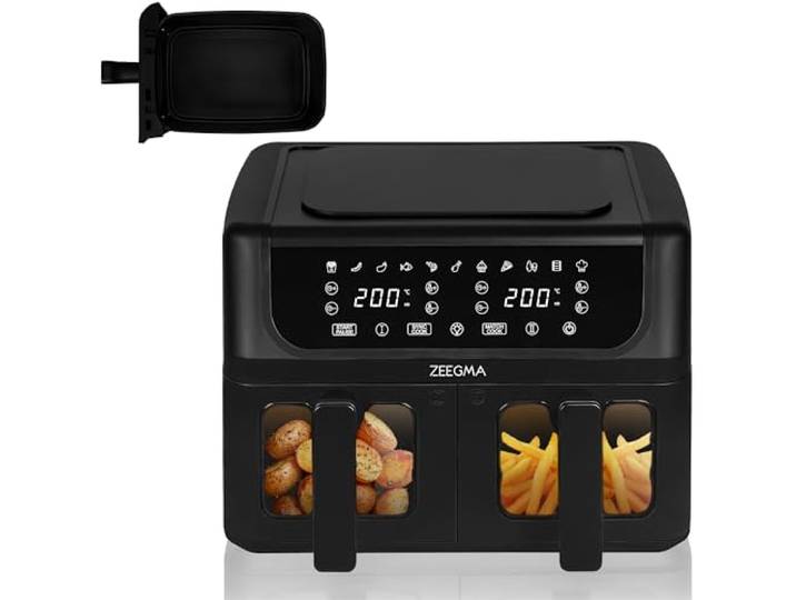 ZEEGMA KNAPPER DUAL - Airfryer 9L Heteluchtfriteuse met 2 Scheidingsvakken Gezond Koken Zonder Olie 12 Programma’s 1700W Snel Verwarmen LCD Display Vaatwasserbestendige Onderdelen