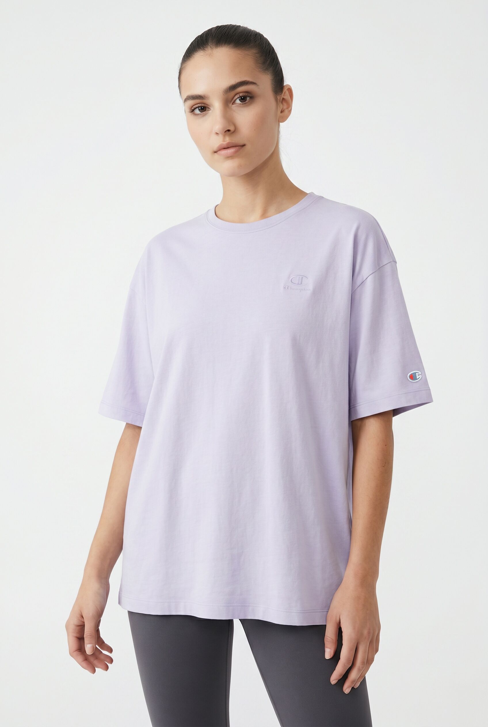 T-Shirt CHAMPION "ICONS WASH Oversize T-Shirt", Damen, Gr. XL, lila (lva), Obermaterial: 100% Baumwolle, normal, Rundhals, Shirts T-Shirt, mit Rundhalsausschnitt, Kurzarm, aus Baumwolle, Oversize-Schnitt lva XL