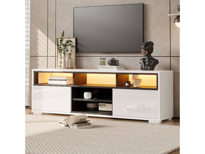 Meuble TV - SOGEU - 150x35x50 cm - Éclairage LED - Finition brillante - 2 portes & multiples niches