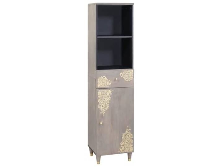 Kaorsrow Badezimmerschrank Grau 38x33x160 cm Massivholz Mango Hochschrank Schlanker Sideboard mit goldenem Druckmuster und Messingfüßen, vielseitig einsetzbar für Wohnzimmer und Flur.