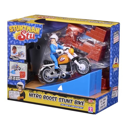 BANDAI Stuntman STU Nitro Boost uitneembaar speelgoedmotorfiets met starthelling, baksteenwand en actiefiguur, meerkleurig, COSS8201