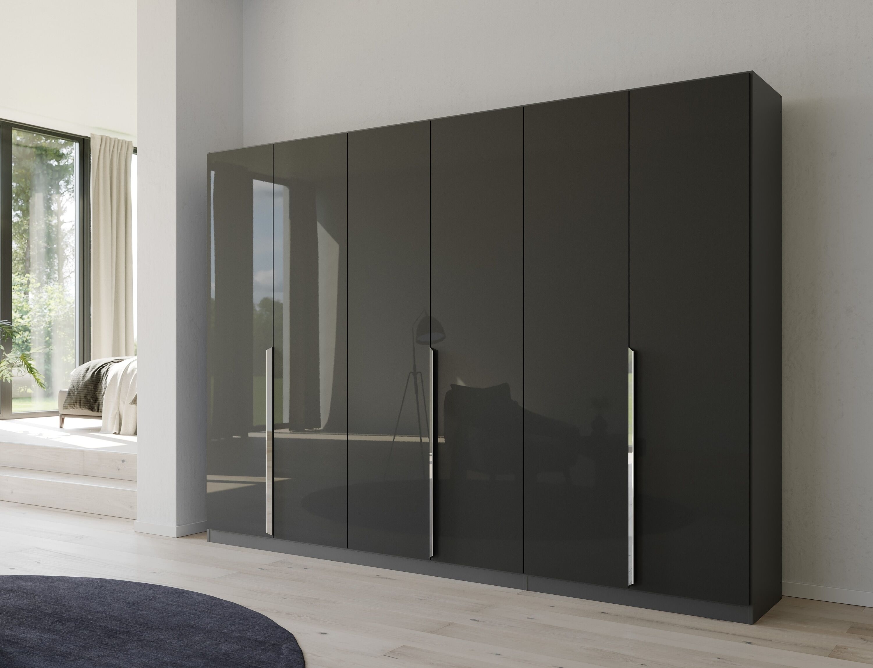 Drehtürenschrank RAUCH "Kleiderschrank Schrank Garderobe Ankleide GLAMOUR BY QUADRA SPIN", grau (graumetallic, hochglanz effektgrau), B:271cm H:210cm T:54cm, Holzwerkstoff, Schränke, Drehtürenschrank, mit eleganter Hochglanzfront und Stangengriff MADE IN 