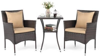 Costway 3 Pieces Patio Furniture Set with Cushioned Patio Chairs and Tempered Glass Coffee Table-Brown