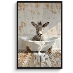 POSTER MIT RAHMEN Esel - Tiere - Badewanne - Schaumstoff Bilderleiste 80x120 cm