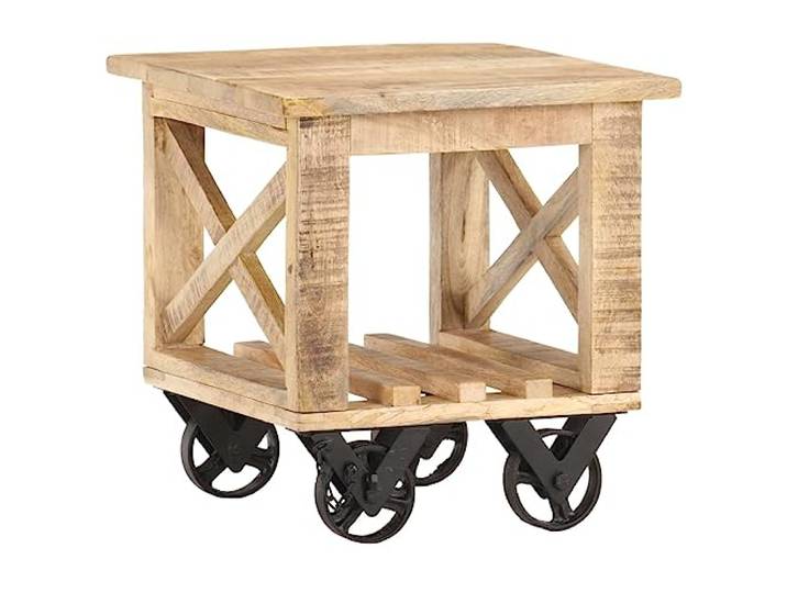 Owoxanthellate Beistelltisch aus Massiv Mangoholz 40x40x42 cm mit 4 Rädern, Vintagemöbel als Couchtisch klein, Side Table oder Nachttisch, platzsparendes Design für Wohnzimmer & Schlafzimmer