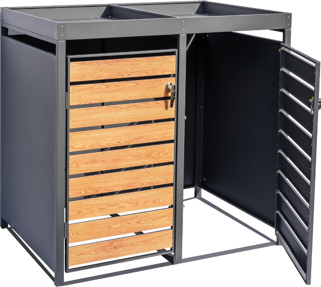 PPbin | Mülltonnenbox, Mülltonnenverkleidung - 2 x 240 Liter - 132x80x124cm - Müllbox, Müllhaus, Grau & Holzimitation, NatureBOX