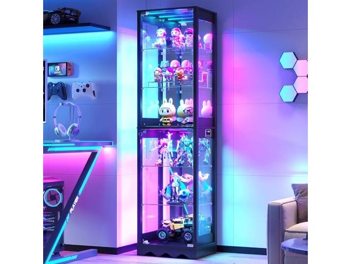 FREDEES Glasvitrine mit Glastüren, 6-stufige Vitrine mit RGB LED Verstellbare Regalböden, Bewegungssensor, Moderne LED Glasvitrine für Sammlerstücke, Schwarz