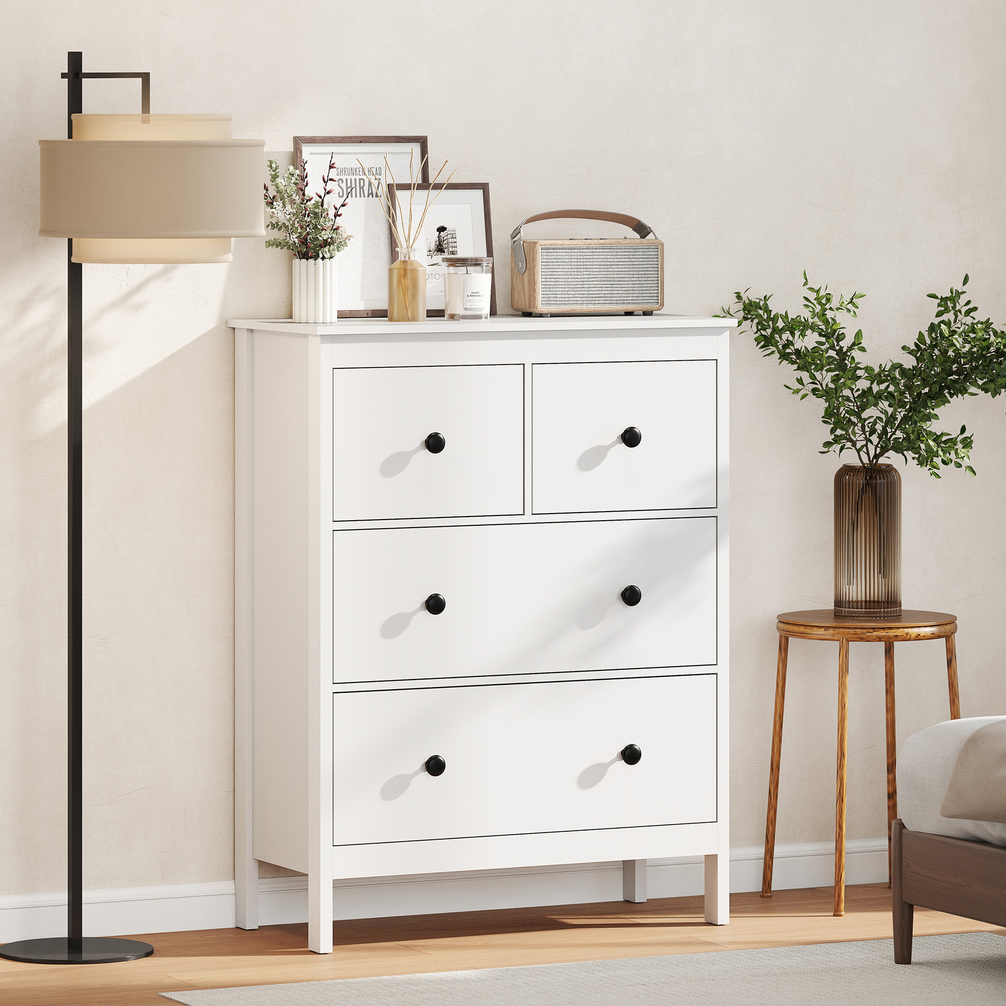 Homcom Comò con 4 Cassetti, per Abiti & Biancheria, Soggiorno, Camera da Letto, Corridoio, Truciolato, Bianco   Aosom Italy