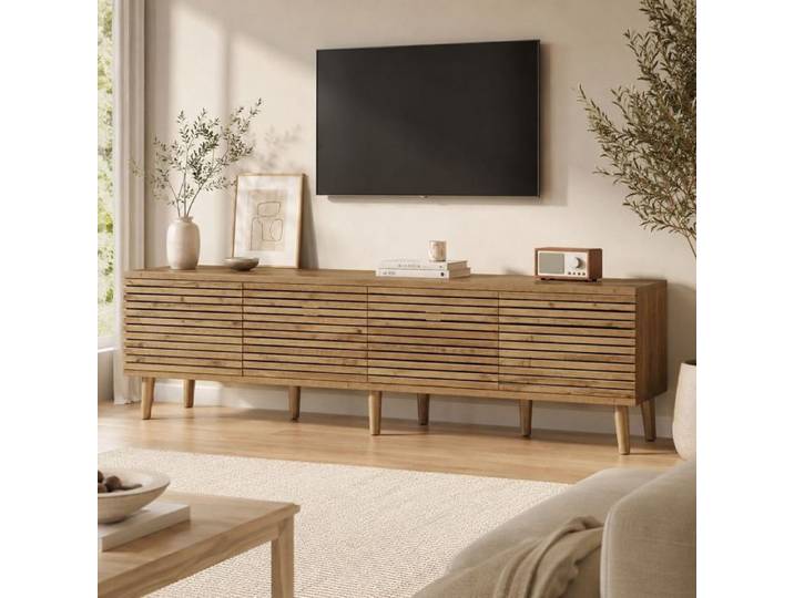 Meuble TV 180 cm - Bois Naturel - Rangement polyvalent - Design moderne