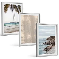 BILDER SET 3er Set - 40x60 cm Silberner Rahmen - Sommerlicher Sandstrand mit Meerblick