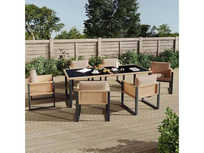 Ensemble repas de jardin - KOMHTOM - 7 pièces - Rotin PE - 6 fauteuils avec housses lavables - Table verre trempé