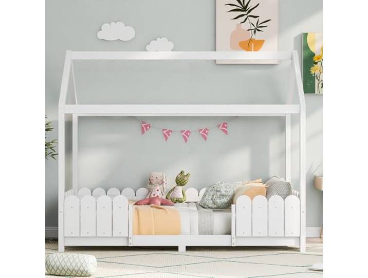 Bellemave Hausbett 90x200cm, Montessori Kinderbett mit Rausfallschutz, Weiß Haus-Design, Kiefernholz-MDF Konstruktion, inklusive Lattenrost, belastbar bis 120 kg, 1-Paket-Lieferung, ohne Matratze
