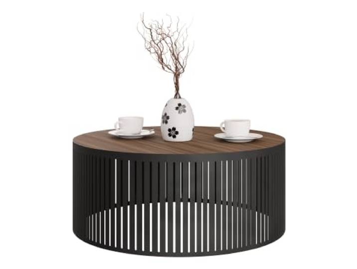 Mirjan24 Couchtisch Jervag Mini, Runde Form, Kaffeetisch, Metallbeine, Wohnzimmertische, Beistelltisch, Sofatisch, Teetisch (Schwarz/Nuss Franklin Tobacco)