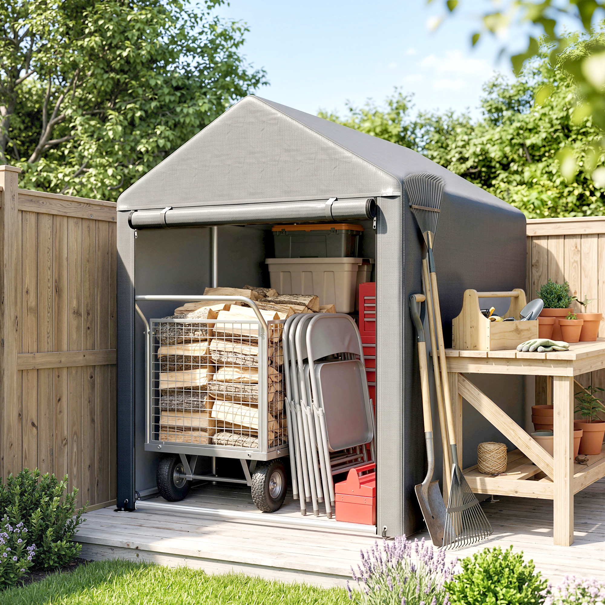Outsunny Capanno Attrezzi Tenda Garage con Copertura Anti UV e Telaio in Metallo, 120x179x165cm, Grigio Chiaro