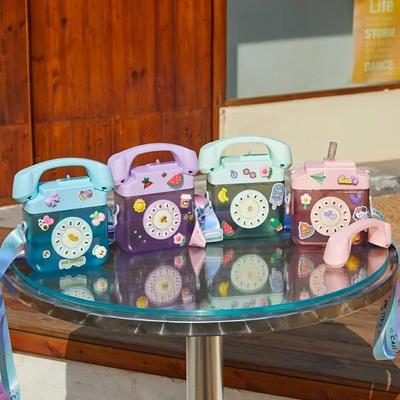 Uplift Picks Telephone Shape Cute Water Bottle With Straw Kawaii Kids Plastic Bottle 400ml purple