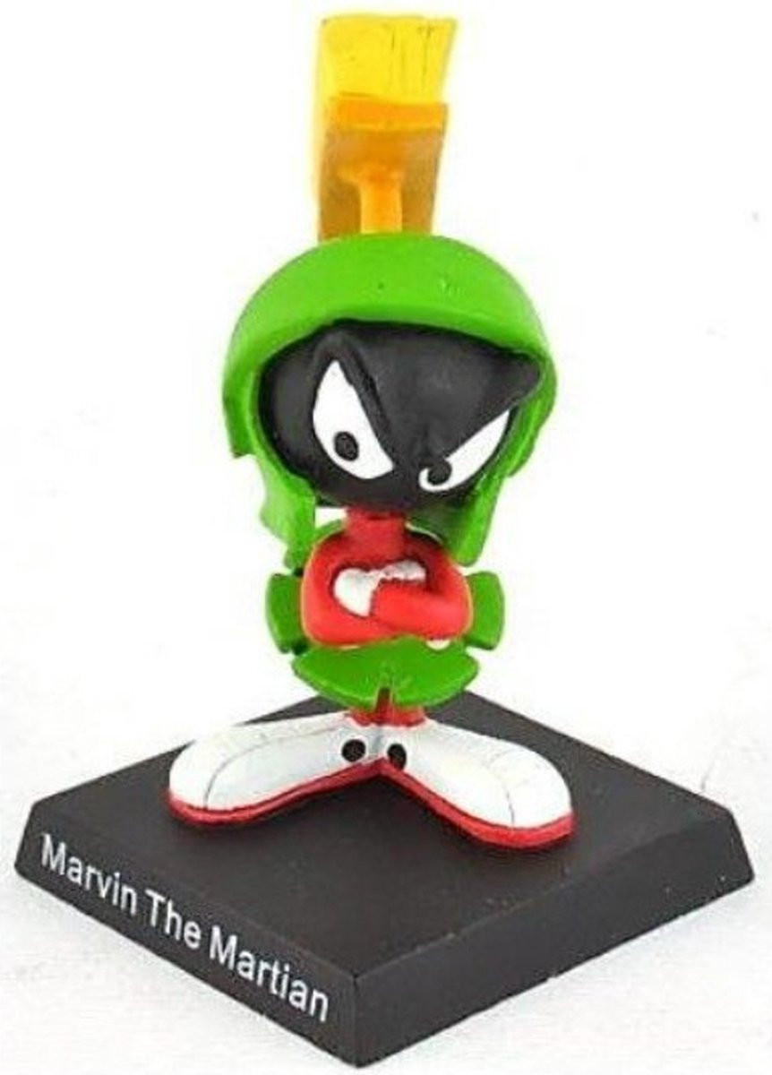 Handgeschilderd tinnen Marvin the Martien beeldje van Looney Tunes in groen en zwart met sokkel, Hoogte: 5 cm