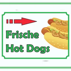Frische Hot  Dogs  Schild mit Pfeil rechts A5 Rückseite selbstklebend
