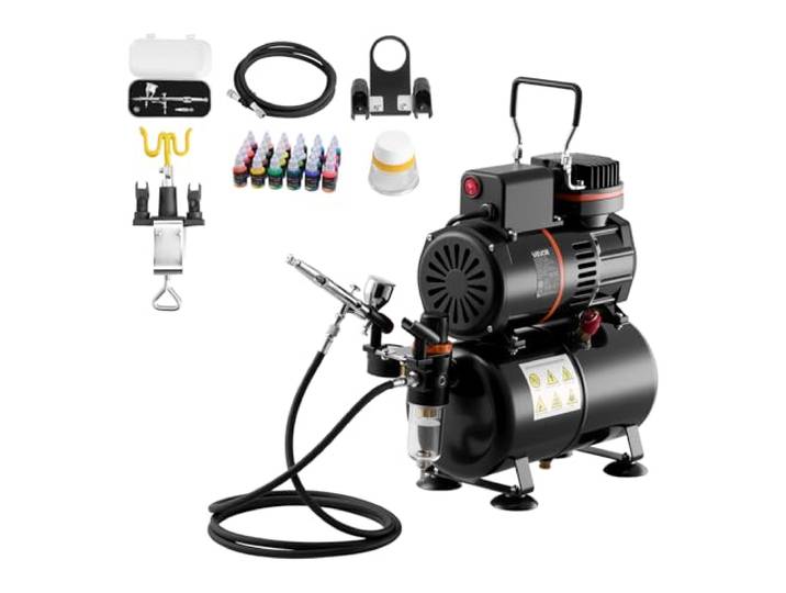 VEVOR Kit Aérographe avec Compresseur d’Air 1/6 HP et Réservoir\, Compresseur Aérographe avec 1 Pistolet à Double Action\, 1 Buse\, Tuyau\, Peinture Acrylique\, 2 Ventilateurs\, Décoration Pâtisserie