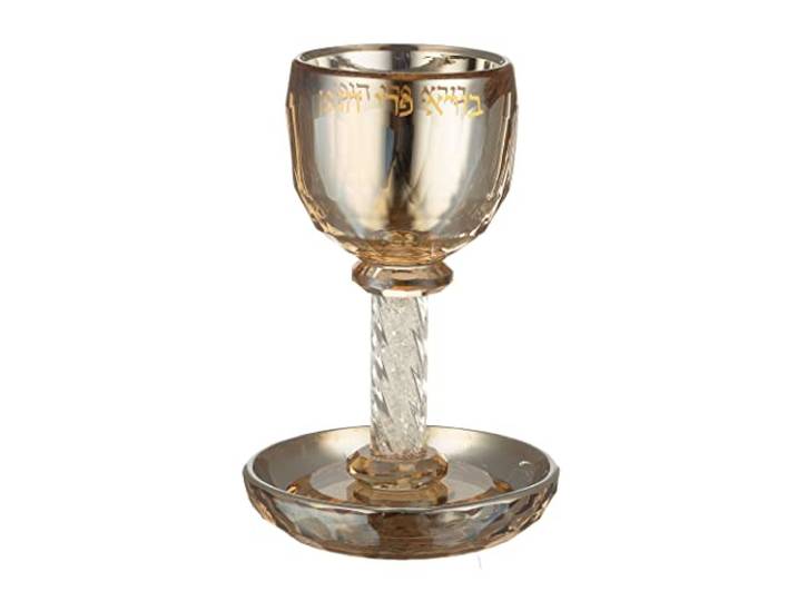 MASORET Crystal Kiddush Becher 16,3 cm Golden Bore Pri Hagefen inkl. Tablett