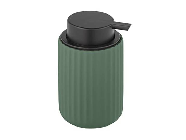 WENKO Distributeur de Savon Liquide Belluno\, Distributeur de Savon Rechargeable en céramique\, capacité 300 ML\, céramique avec Structure cannelée Soft-Touch Moderne\, Ø8x13\,5 cm\, Vert - Noir Mat