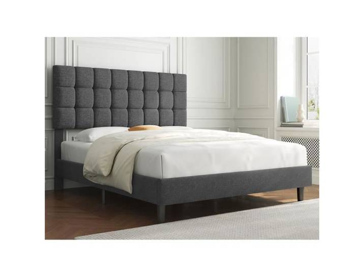 Cadre de Lit Double - YAHEETECH - Capitonné Carré Tête de Lit Réglable - Gris foncé - 160x200cm