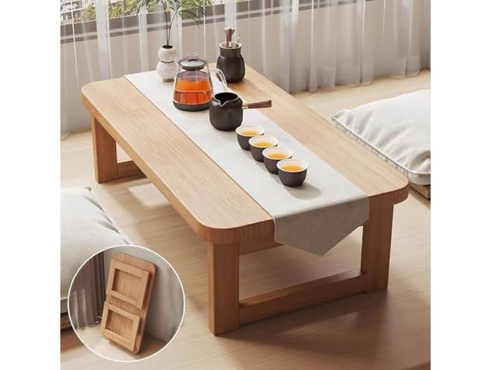 Niedriger faltbarer Japanischer Bodentisch aus Bambus, Kaffeetisch für Boden-Sitzbereich, tragbarer Vintage Teetisch für Tatami, Schlafzimmer, Erkerfenster (Size:120x48x35cm(47x19x14in),Color:Holz)