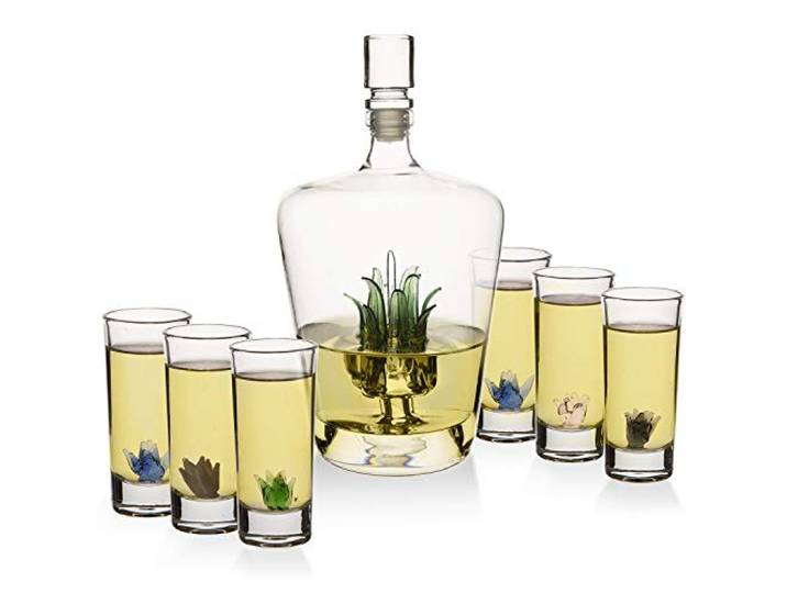 Tequila Dekanter Tequila Gläser Set mit Agave Dekanter und 6 Agave Sipping Schnapsglas, perfekt Geschenke für Tequila Liebhaber, 750 ml Flasche, 85 ml Tequila Party Dekoration Cinco De Mayo (Agave)