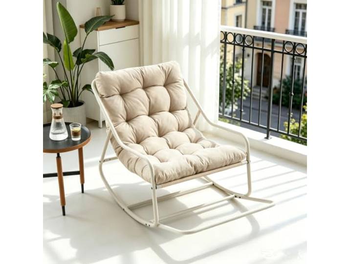 Ball & Cast Schaukelstuhl für Drinnen & Draußen, Rocking Chair mit Gepolstertem Kissen und Fußstütze, Moderner Balkonsessel für Wohnzimmer, Garten & Terrasse, Beige