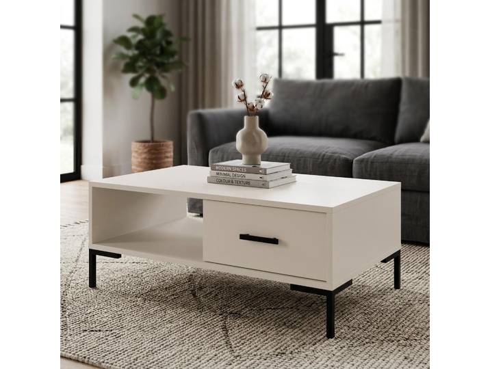BEAUTYSOFA Couchtisch SELENA 100 cm Kaschmir mit Schublade und offenem Fach – Moderner Sofatisch mit Metallbeinen, Selbstschließend, Wohnzimmer