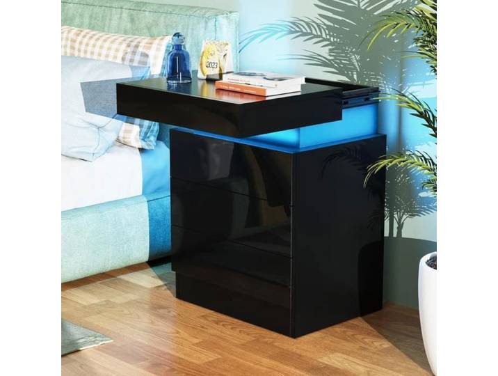 Table de Chevet LED - DHHOZAMZ - 3 Tiroirs - Noir - 45x35x61cm - Design Contemporain