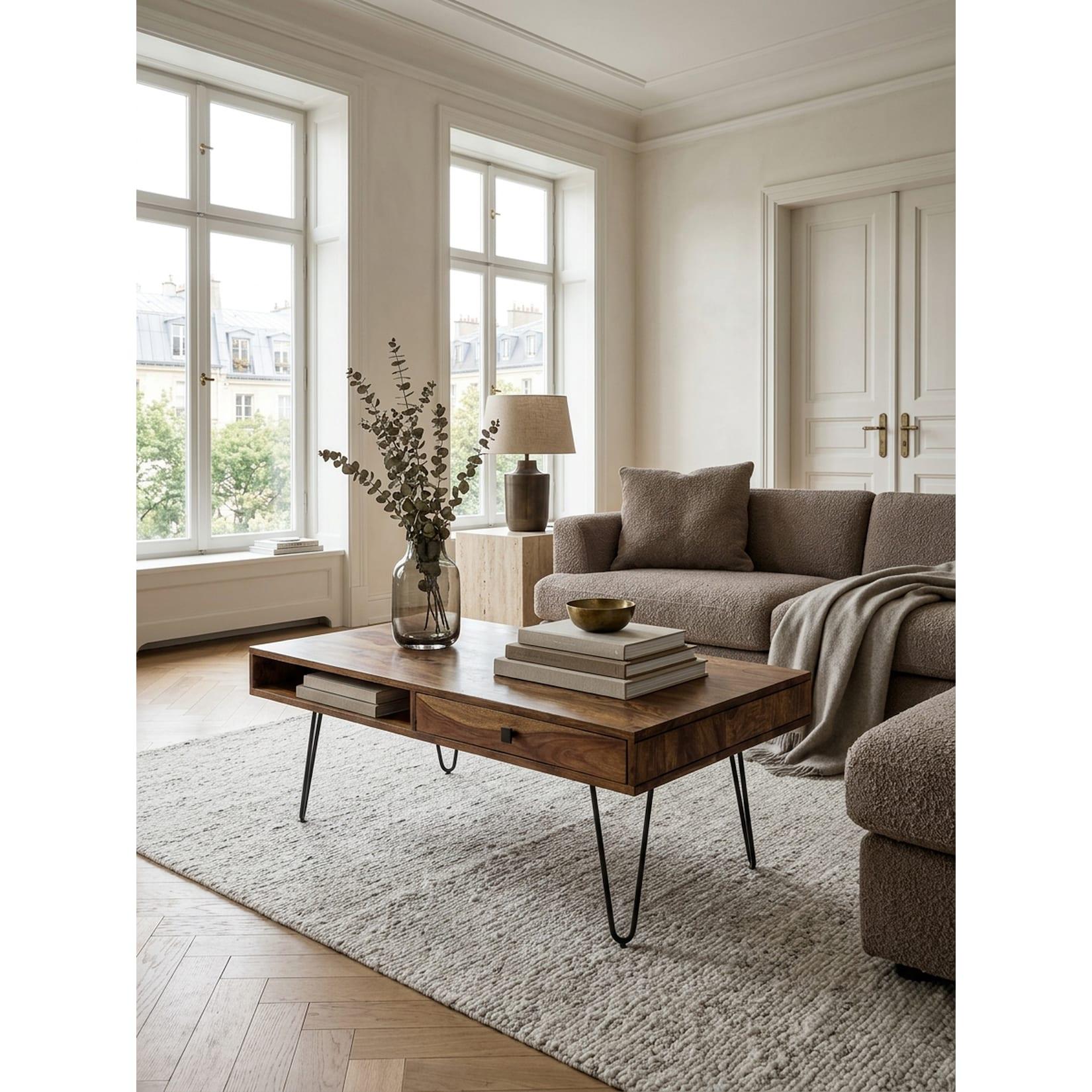 Couchtisch Massivholz mit Metallbeinen im Landhausstil, Dunkelbraun 60x110x40 cm