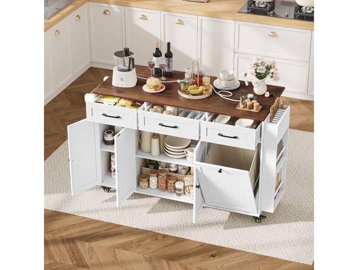 Getone Ilot Central Cuisine Îlot de cuisine avec ports USB et prises électriques Meuble Cuisine avec Plan de Travail Pliable, chariot de cuisine à roulettes,Desserte îlot de Cuisine 135x60x88 cm