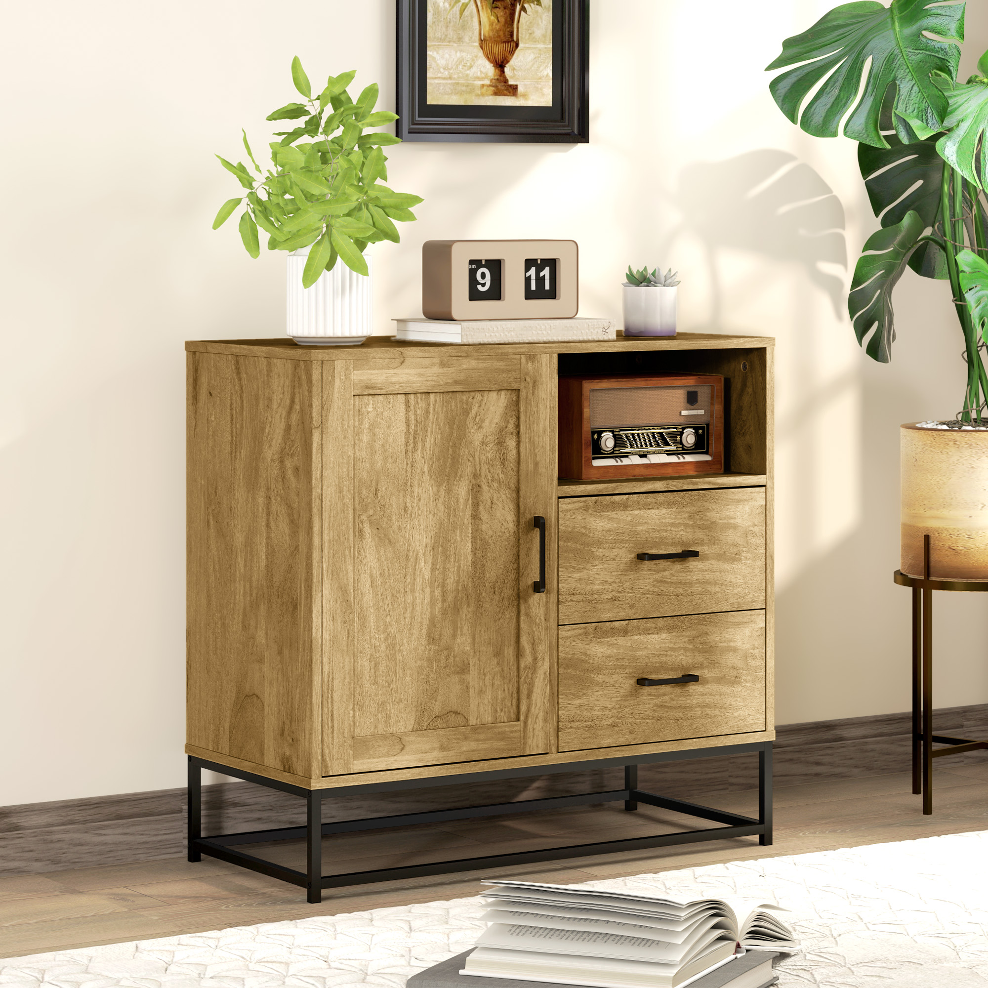 Homcom Credenza Moderna Multiuso da cucina con 2 Cassetti, Armadietto Regolabile e Ripiano Aperto, in Legno e Acciaio, 80x40x78cm, Marrone Aosom Italy