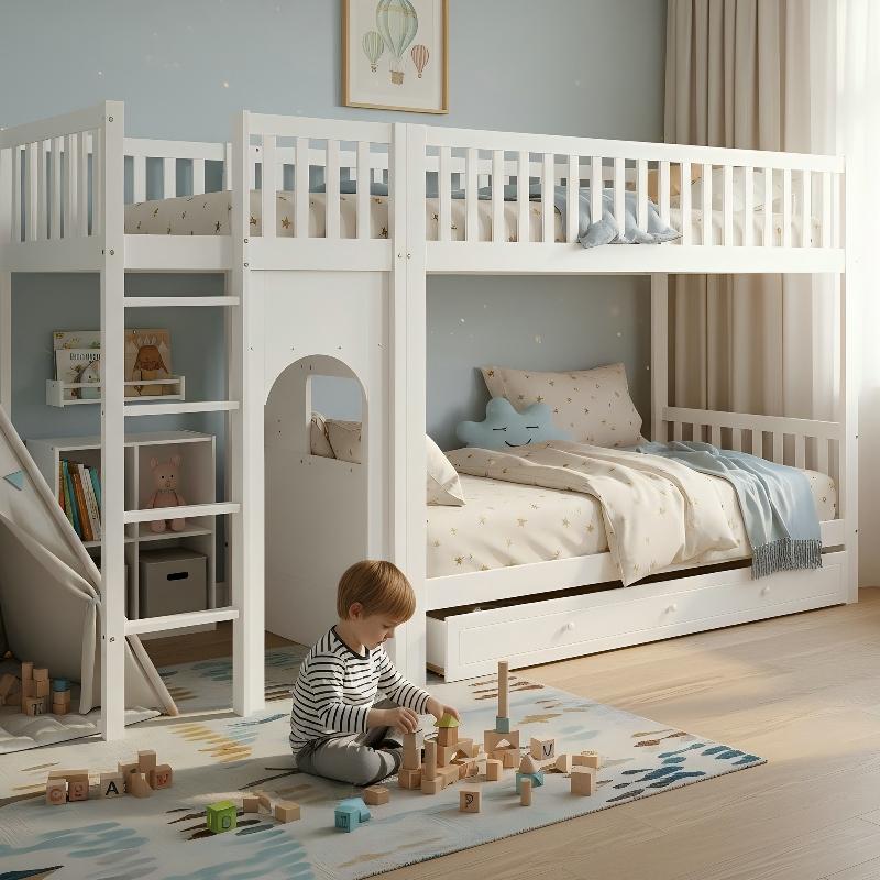 Etagenbett Kinder Etagenbett 90x200 Weiß aus Kiefer, MDF, Sperrholz mit gerader Leiter und vierseitigem Geländer