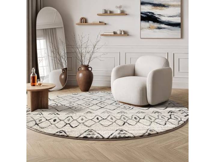 SANAT Boho Teppich – Moderner Teppich im Boho Stil, Geeignet für Wohnzimmer, Schlafzimmer, Flur, Esszimmer und Kinderzimmer – Boho Creme, Größe: 120 cm Rund