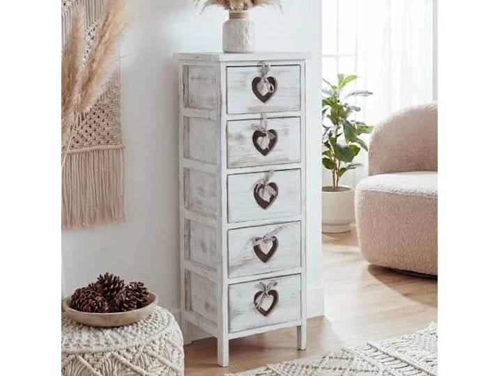 Mendler Kommode Forli-AM 5 Schubladen mit Herzen - weiß Schubladenkommode, Schrank, 86x29x25cm, Shabby-Look, Vintage