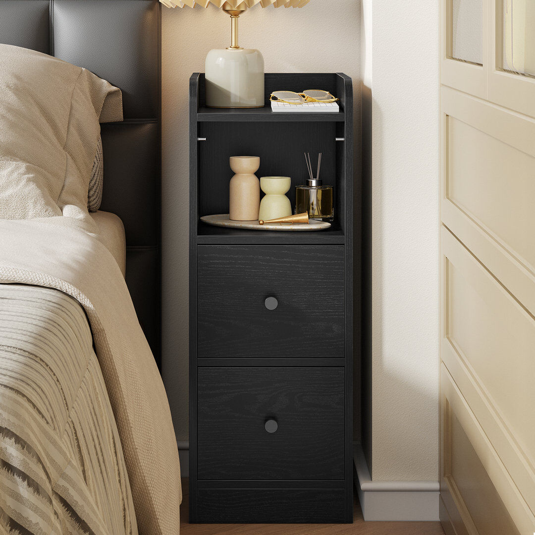 Metro Slim Bedside Tables Set of 2, Narrow Side Table with 2 Drawers, Bedside Cabinet with Open Compartment, Adjustable Drawer Position for Bedroom, Living Black 65cm H X 24cm W X 30cm D