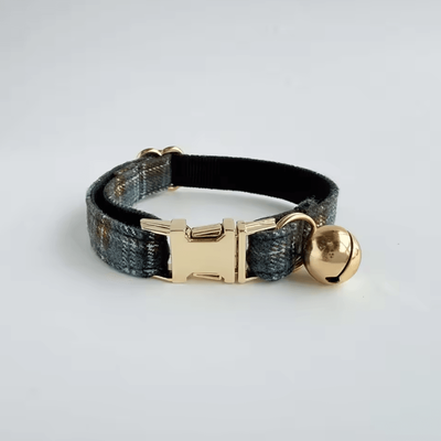 Inspire Curations Personalized Tweed Check Cat Collar With Pearl Charm & Detachable Bell blue s