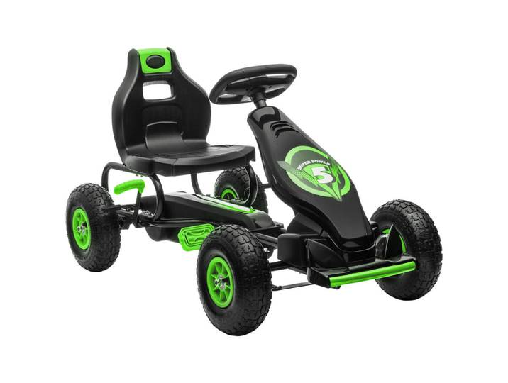 Homcom Gokart, Kinderfahrzeug mit verstellbarem Schalensitz, Tretauto, Grün+Schwarz, Metall, 58x61x117 cm, unisex, Spielzeug, Kinderfahrzeuge