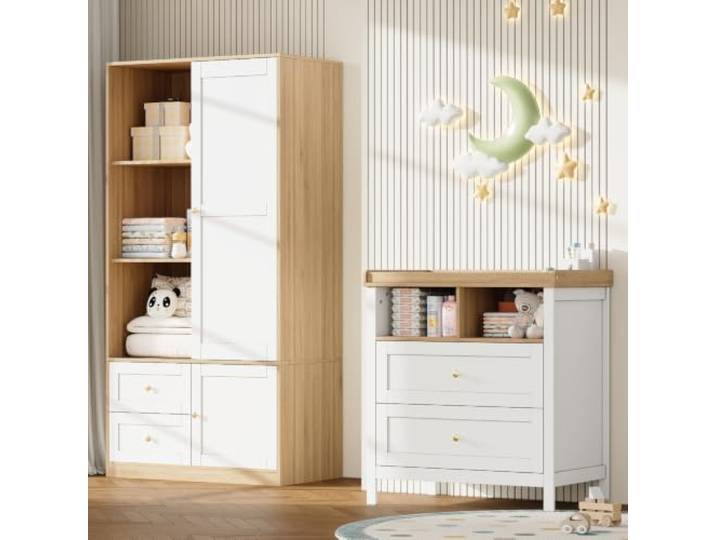 I0I&I0I Baby-Wickelkommode mit abnehmbarem Wickelaufsatz Multifunktional mit Schubladen und Stauraum fürs Babyzimmer (Wardrobe+Changing Table)