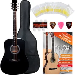 Classic Cantabile Westerngitarre für Linkshänder Starter-SET inkl. 5-teiligem Zubehörset schwarz