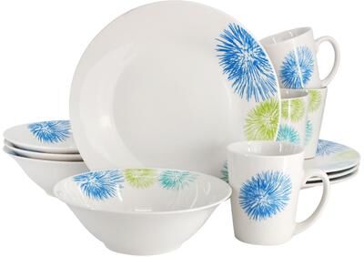 Gibson Home Blue Meadow 12 Piece Fine Ceramic Dinnerware Set in White with Colored Accents