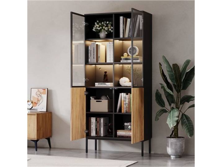 Vitrine de rangement 74x31x180cm Noir Chêne vitrine verre 5 étages LED pour collection salon bureau