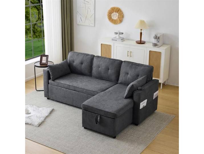 Canapé-lit en L réversible GUTENT 211x130 cm rangement & porte-gobelets dossier haut gris